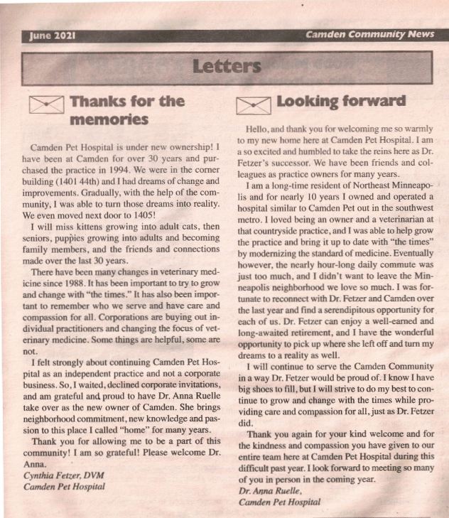 Letters from Dr. Cynthia Fetzer and Dr. Anna Ruelle on Camden Pet Hospital's ownership transition, from Camden News Issue April 2021